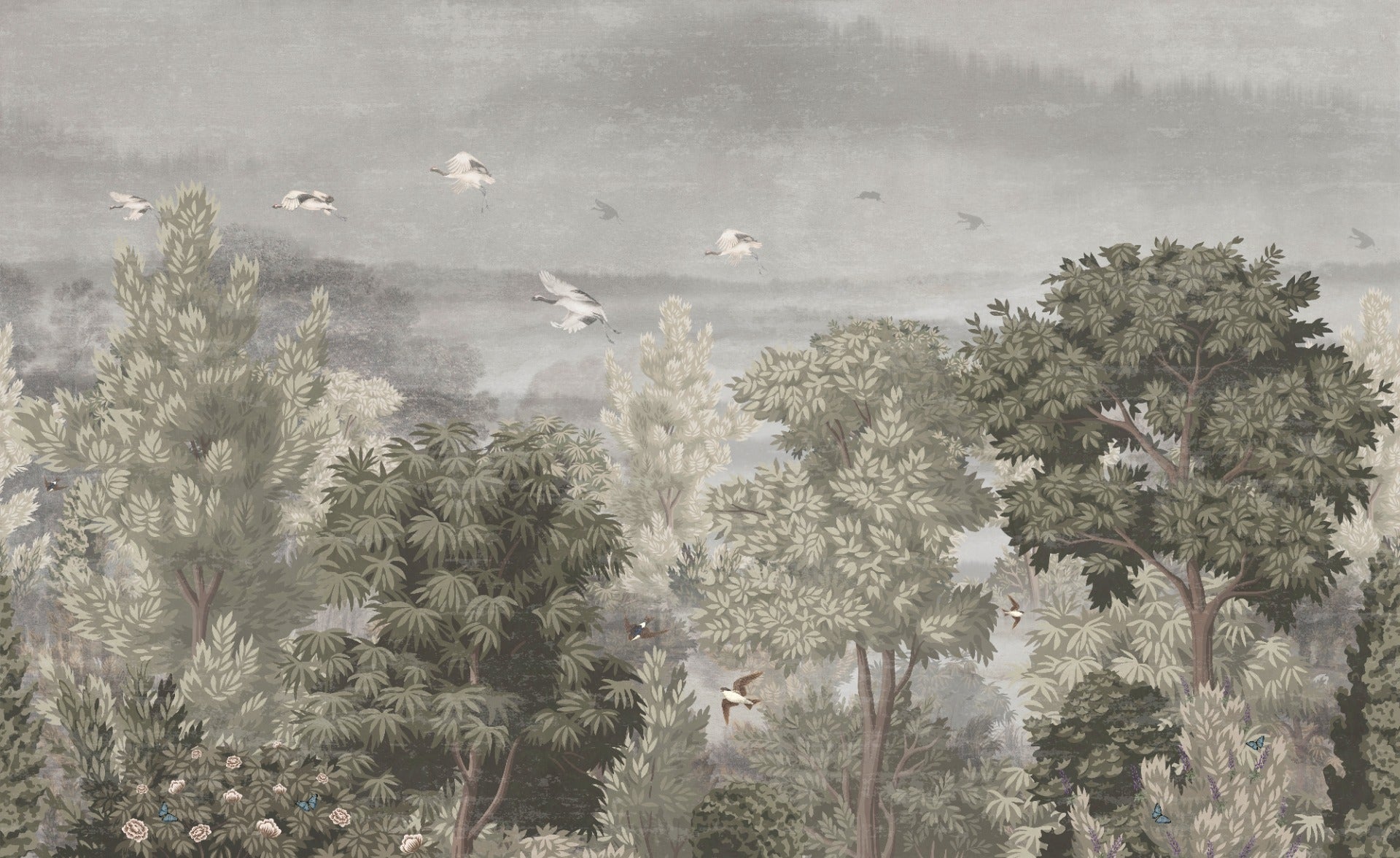 Birds Grus Forest Flower Vintage Jungle Pattern Wallpaper