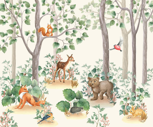 Watercolor Animals Trailing Forest Wallpaper For Kids Room Walls