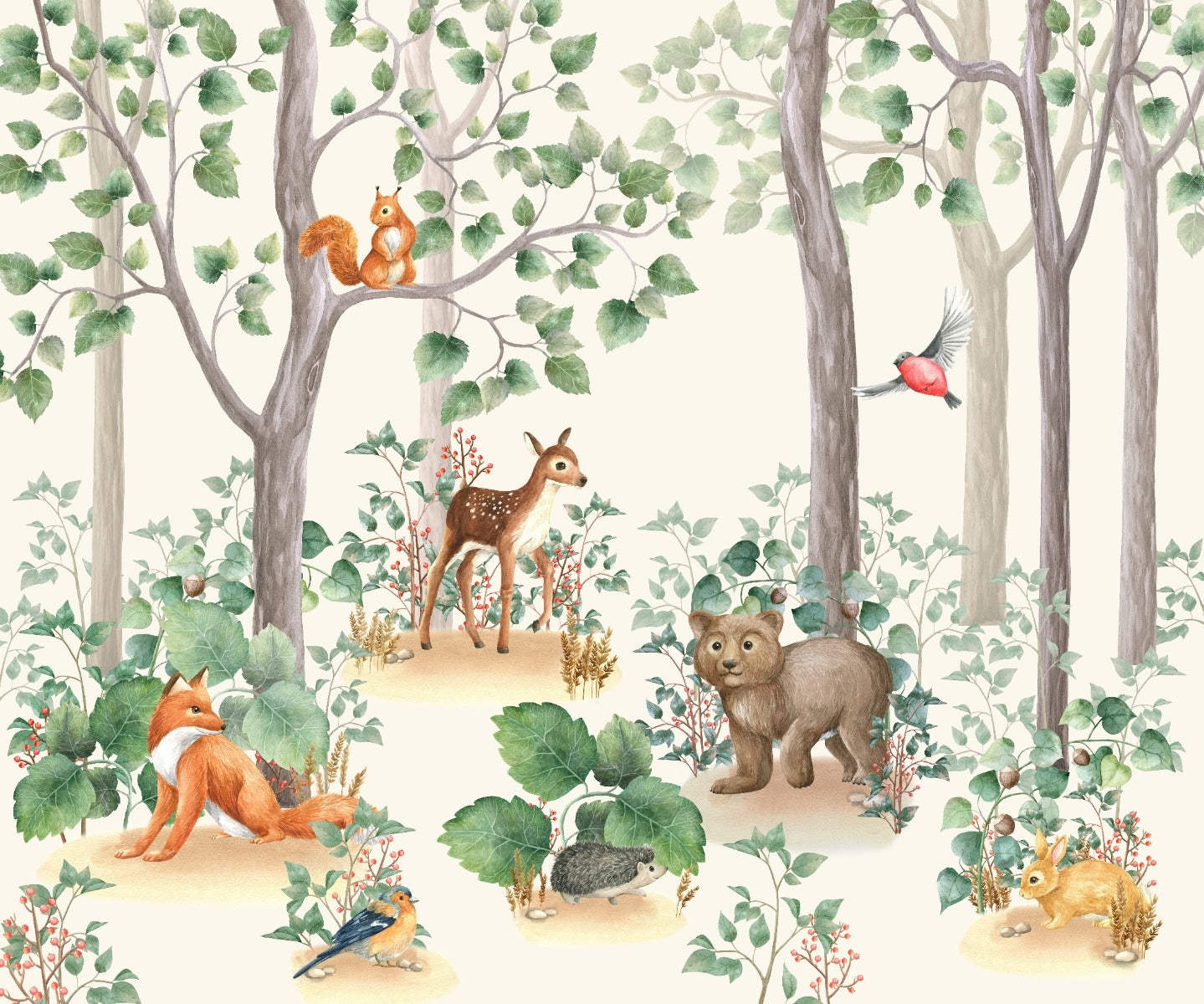 Watercolor Animals Trailing Forest Wallpaper For Kids Room Walls