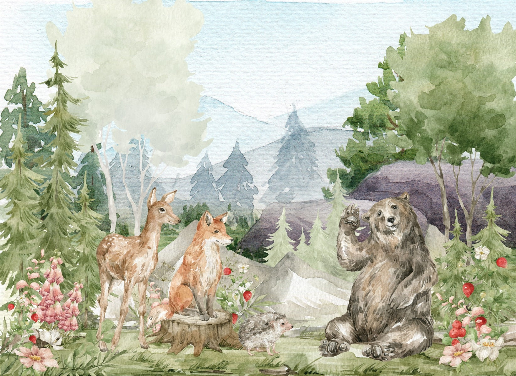 Watercolor Forest Bear and Dear Child Room Wallpaper Walls