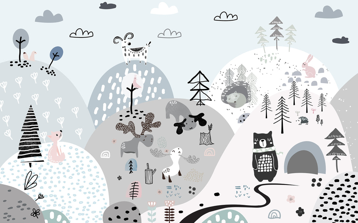 Hillside Cartoon Creatures Mural in your room — zoomed