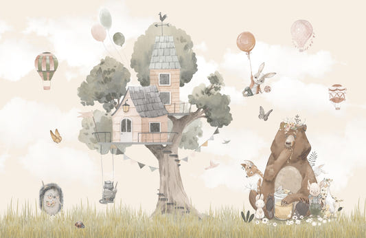 Watercolor Cute Animals Tree House Kids Room Wallpaper