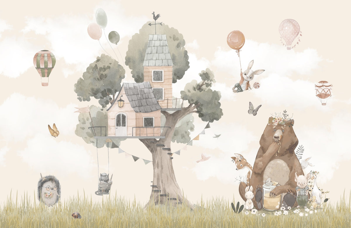 Watercolor Cute Animals Tree House Kids Room Wallpaper in your room