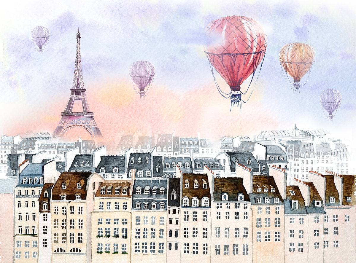 Balloon Over Paris Watercolor Cityscape Wall Mural in your room — zoomed