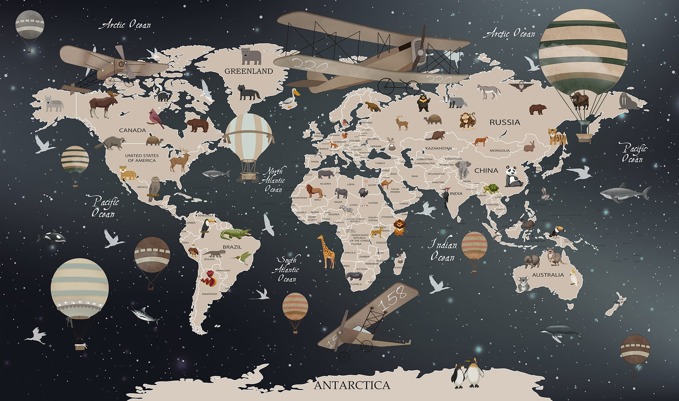 European Animals World Map Kids Room Mural