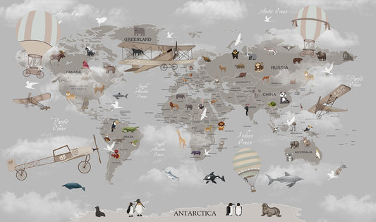 Animals Aloft Map Wallpaper Murals