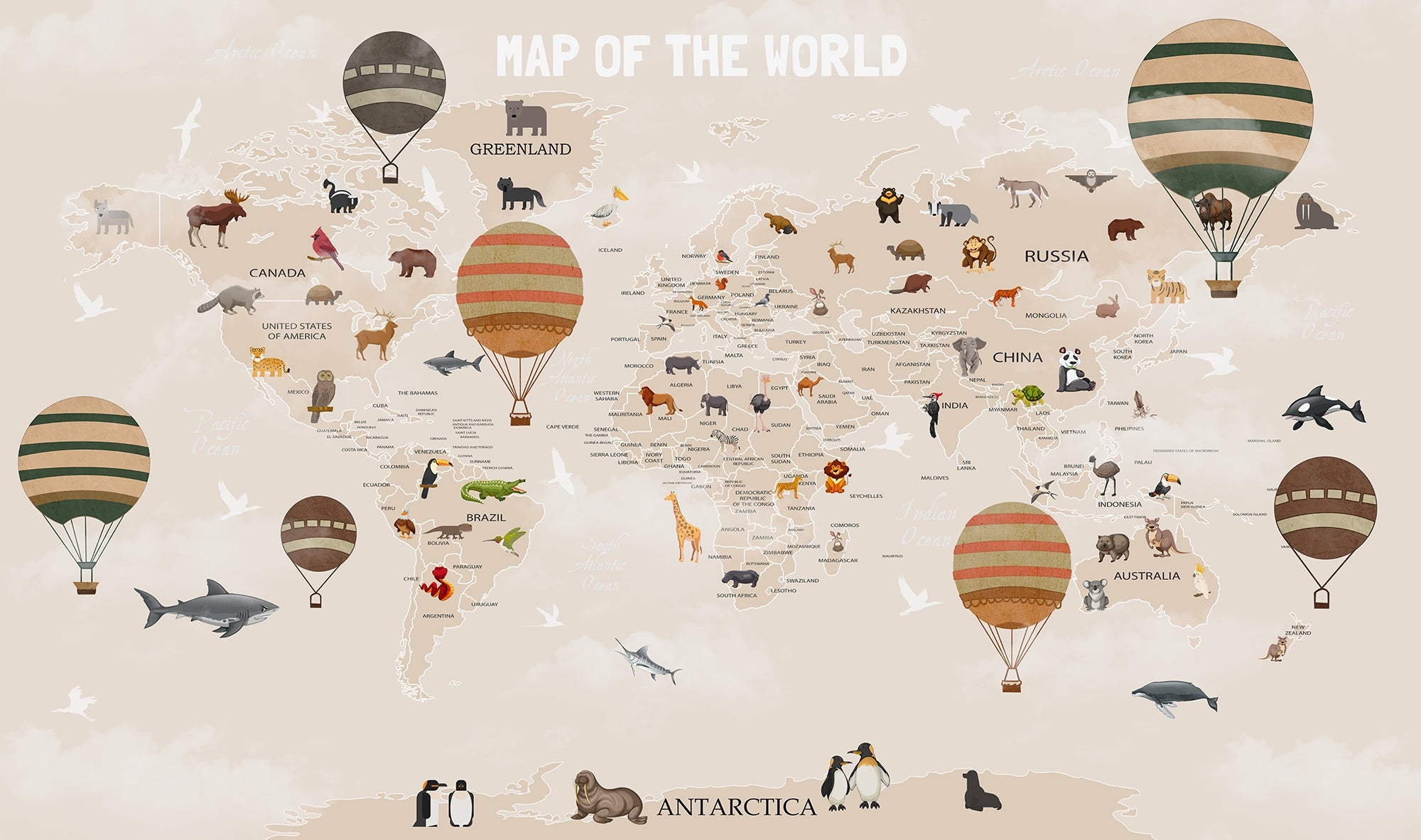 Adventurous Animals Map Wall Murals