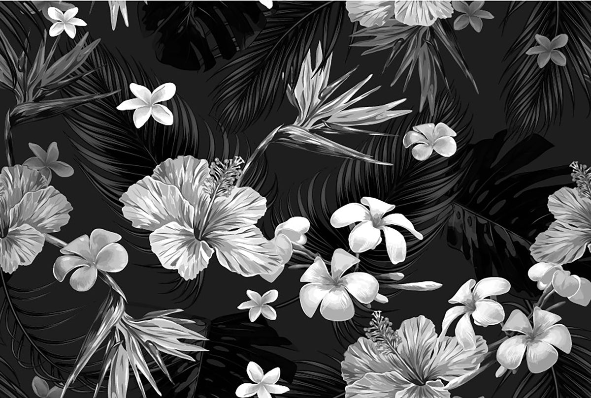 Black & White Tropical Flowers Wall Murals in your room — zoomed