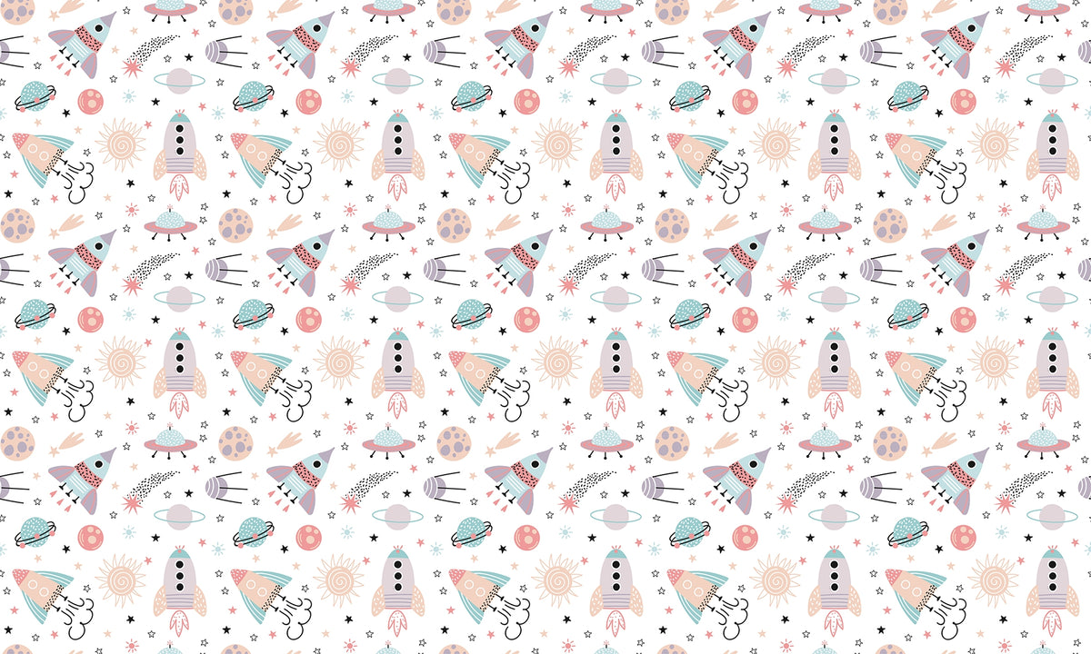 Kids Room Abstract Rockets and Planets Wallpaper in your room — zoomed