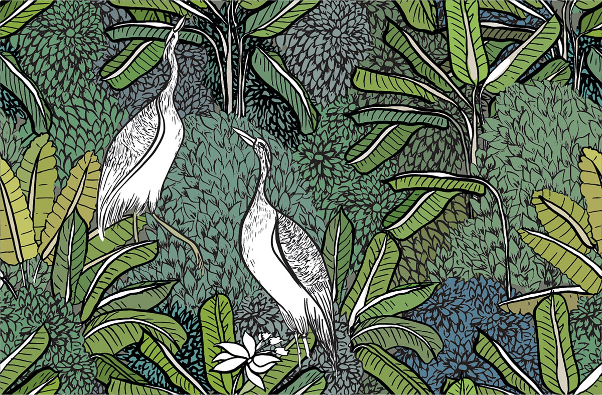 Tropical Greenery with White Cranes Wallpaper Murals in your room
