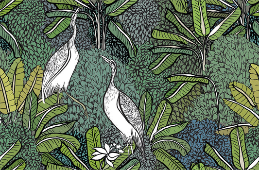 Tropical Greenery with White Cranes Wallpaper Murals
