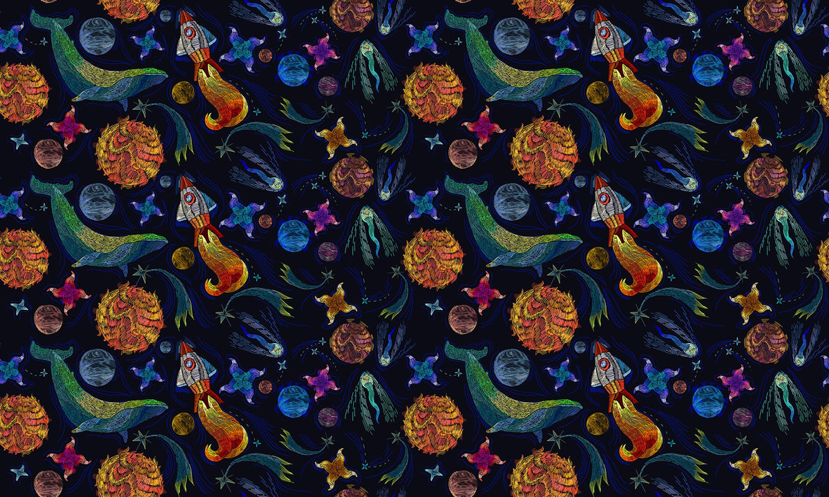 Embroidery Inspired Space Adventure Wallpaper in your room