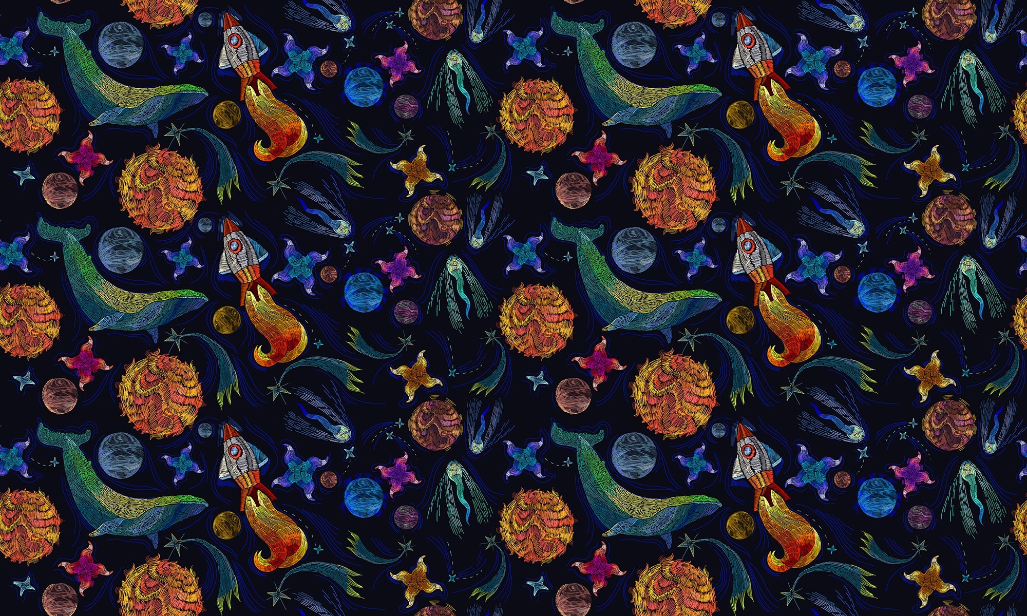 Embroidery Inspired Space Adventure Wallpaper
