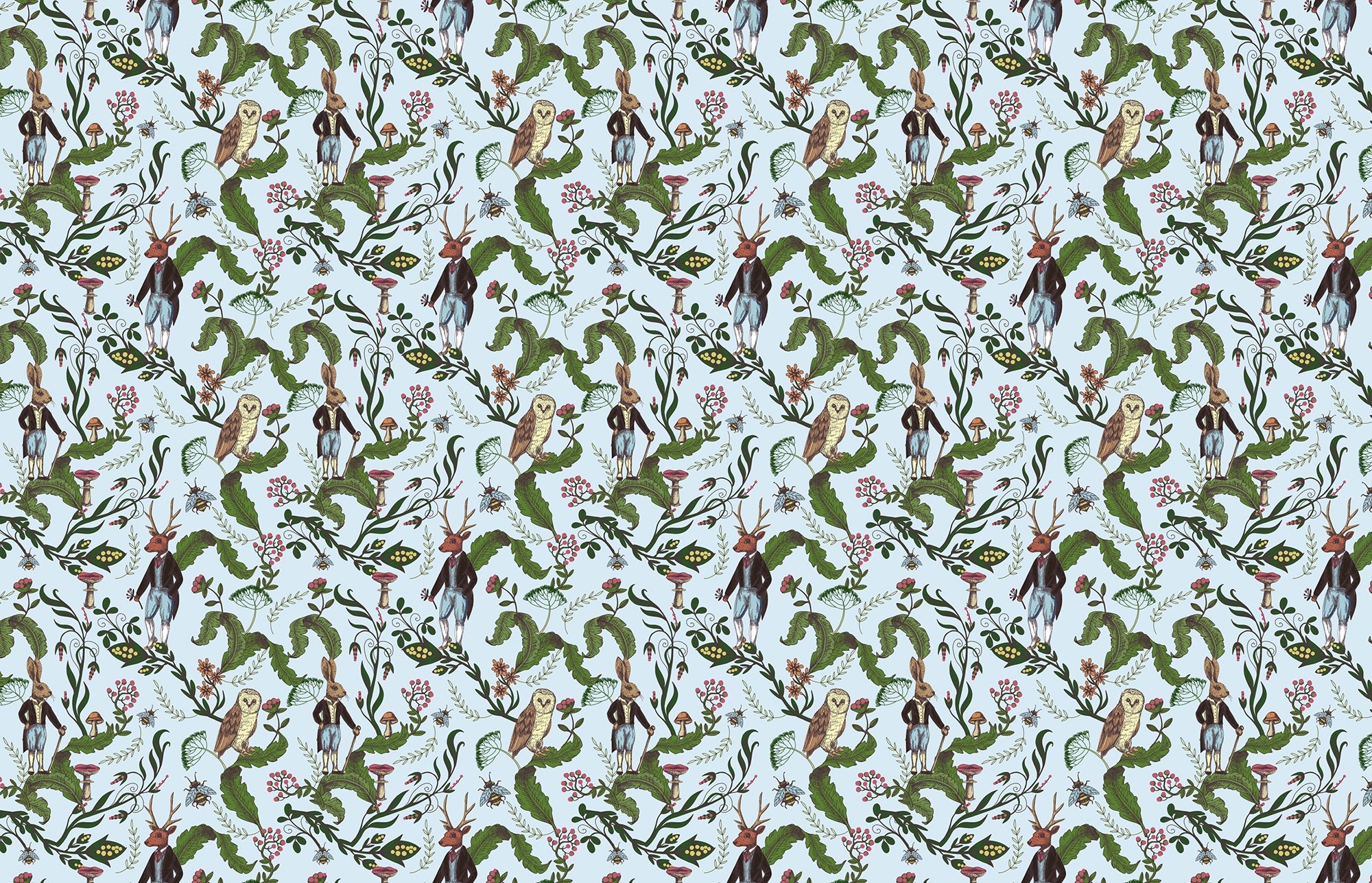 Green Leaves with Rabbit and Owl Wallpaper