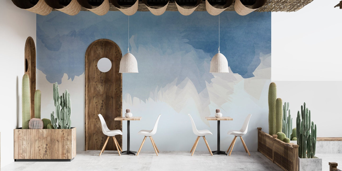 Aqua-themed abstract mural featuring soft hues and fluid design.
