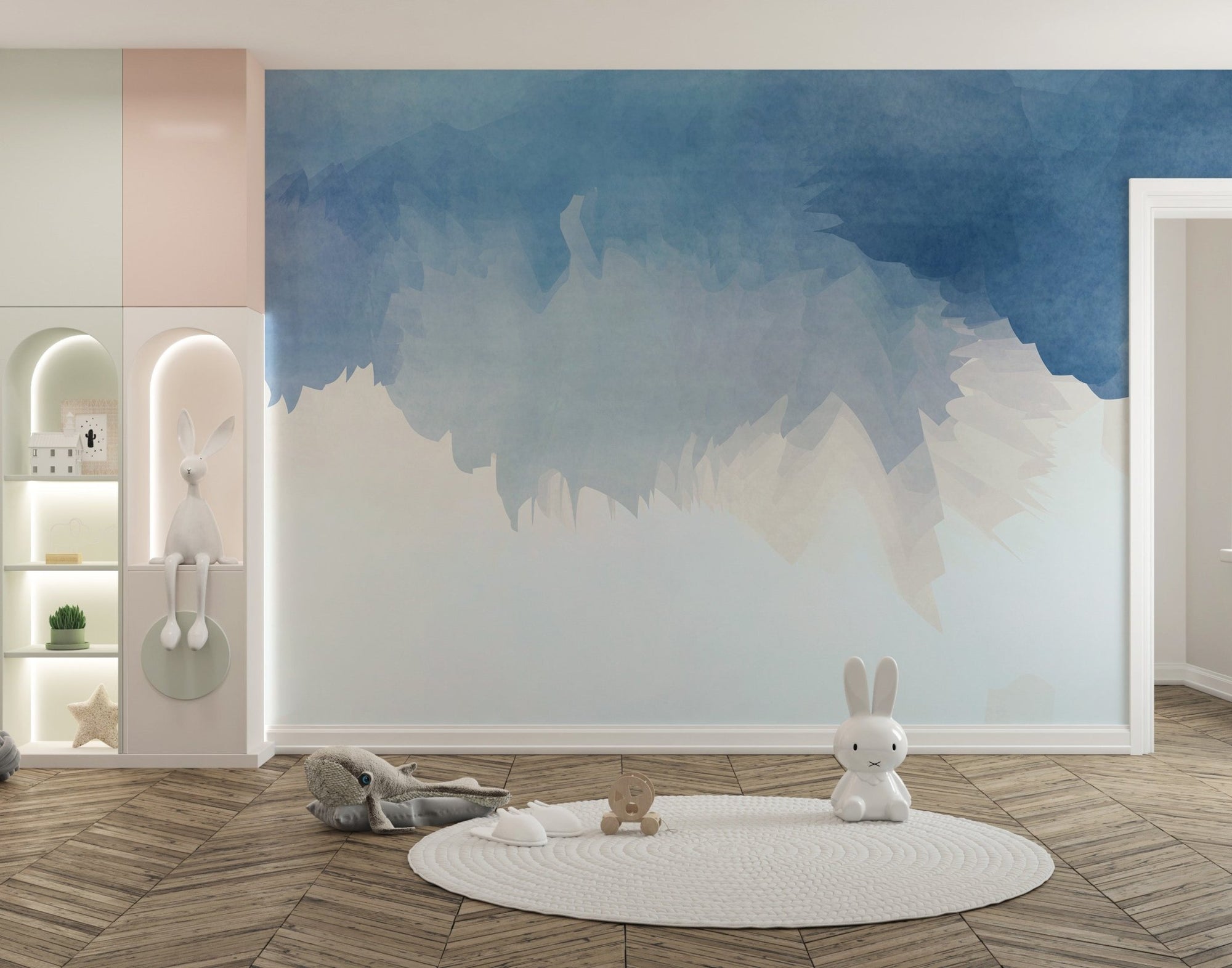 Abstract Aqua Palette Wall Murals in a minimalist nursery with a white rug.