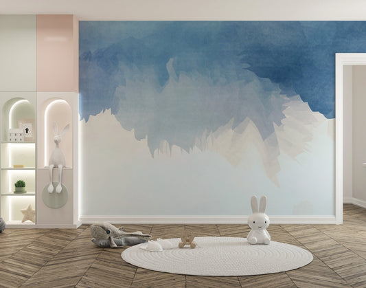 Abstract Aqua Palette Wall Murals in a minimalist nursery with a white rug.