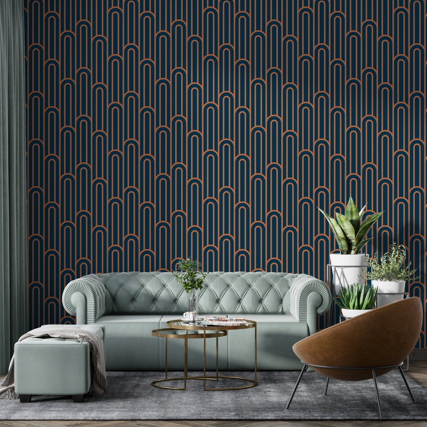 Symmetrical arch wallpaper in a living room with a green velvet sofa.