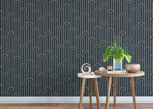 Abstract Art Deco Arches Orange Color Wallpaper behind small wooden tables.