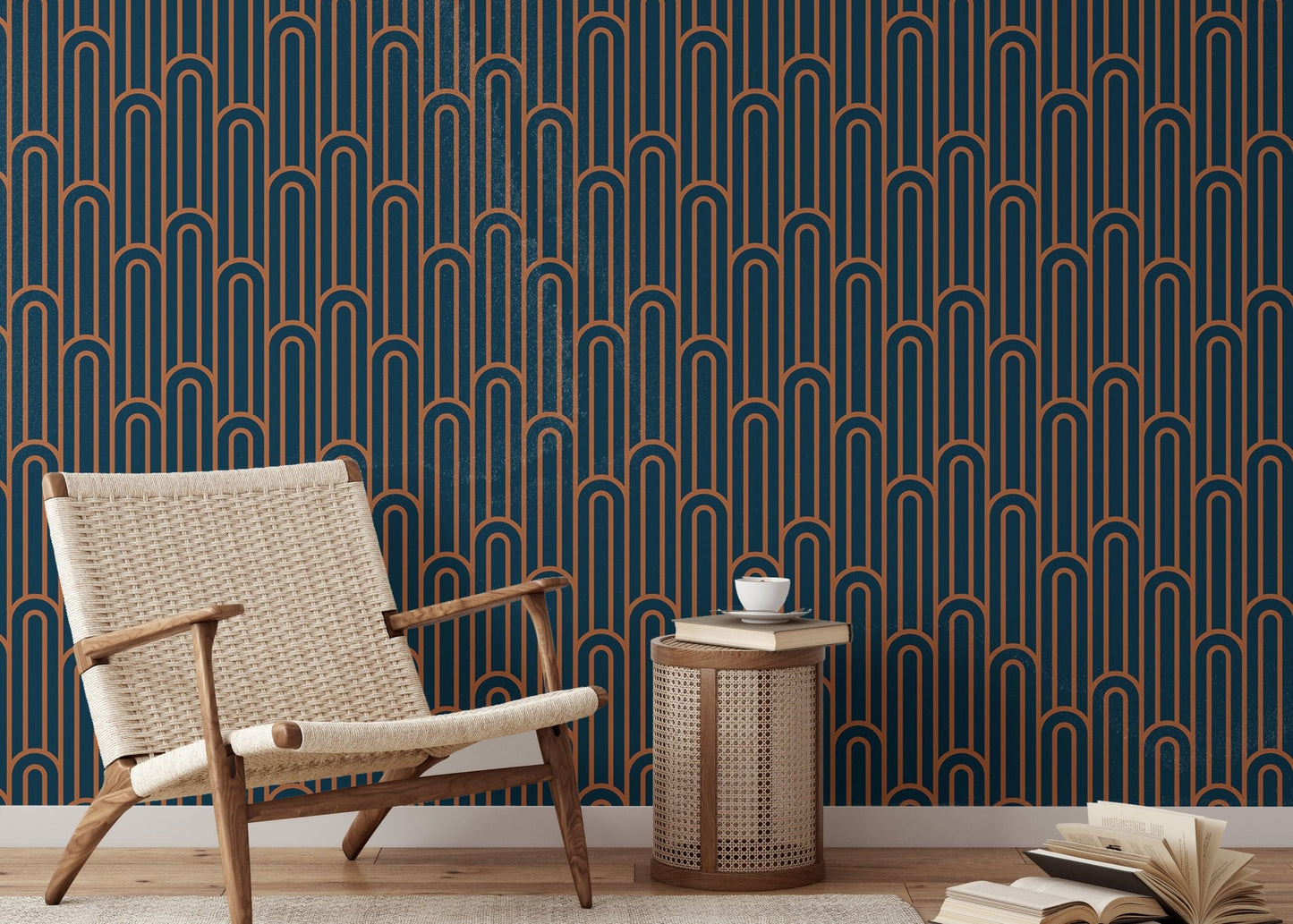 Abstract Art Deco Arches Orange Color Wallpaper with a mid-century armchair.