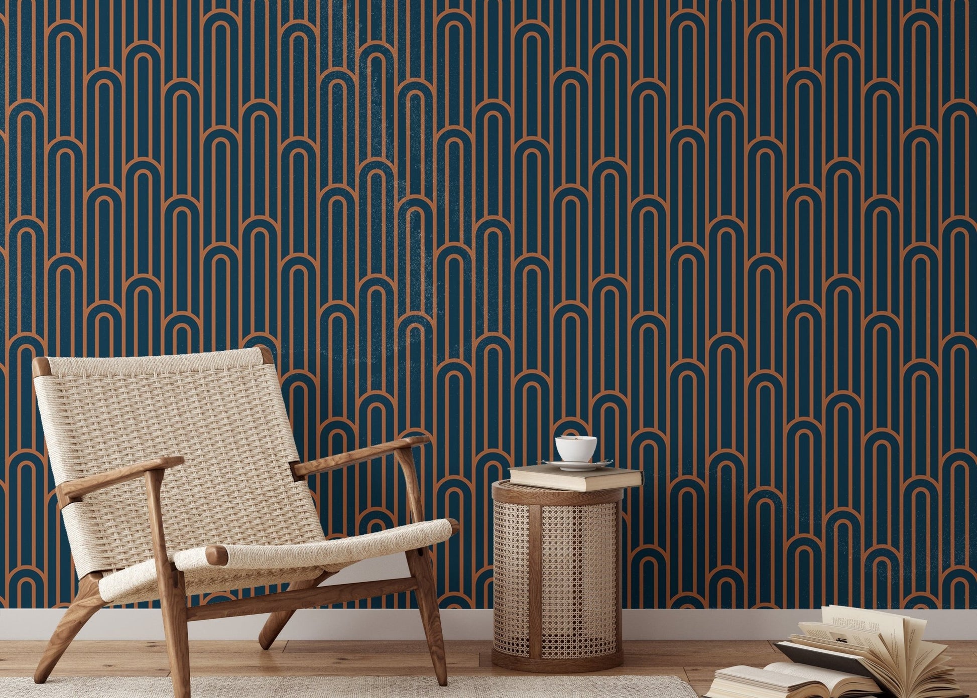 Abstract Art Deco Arches Orange Color Wallpaper with a mid-century armchair.