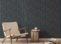 Abstract Art Deco Arches Orange Color Wallpaper with a mid-century armchair.