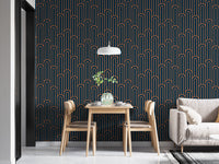 Linear orange and navy wallpaper in a dining space with wooden chairs.