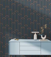 Abstract Art Deco Arches Orange Color Wallpaper behind a light blue sideboard.