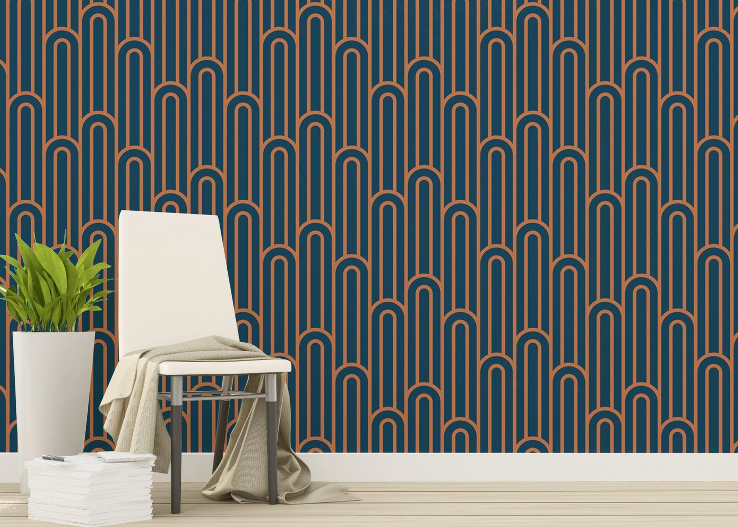 Navy and orange arch pattern wallpaper in a bright lounge with a chair.