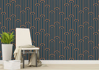 Navy and orange arch pattern wallpaper in a bright lounge with a chair.