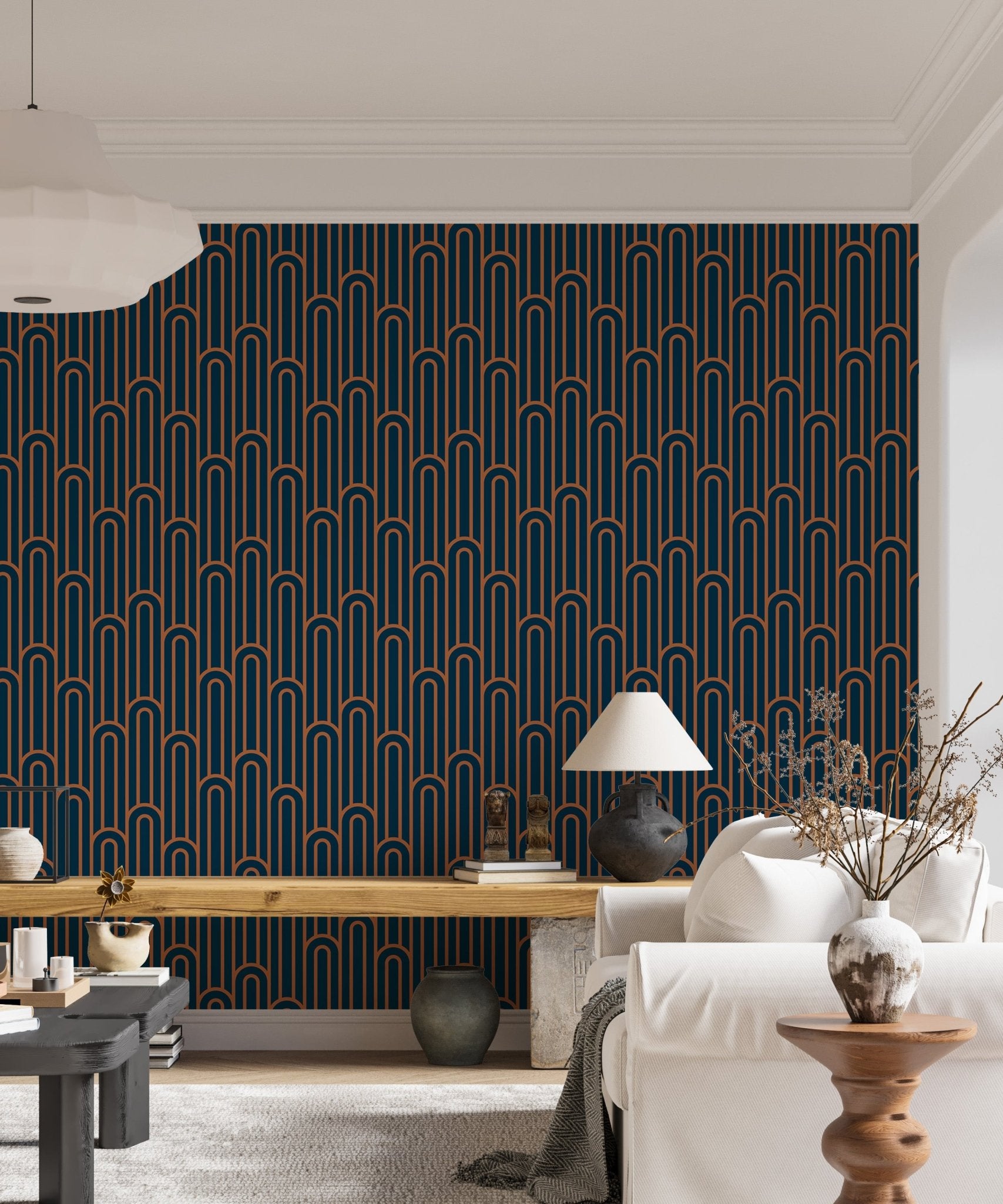 Abstract Art Deco Arches Orange Color Wallpaper in a living area with a white sofa.
