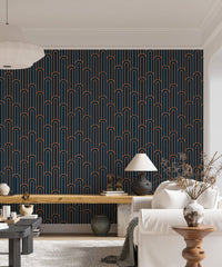 Abstract Art Deco Arches Orange Color Wallpaper in a living area with a white sofa.