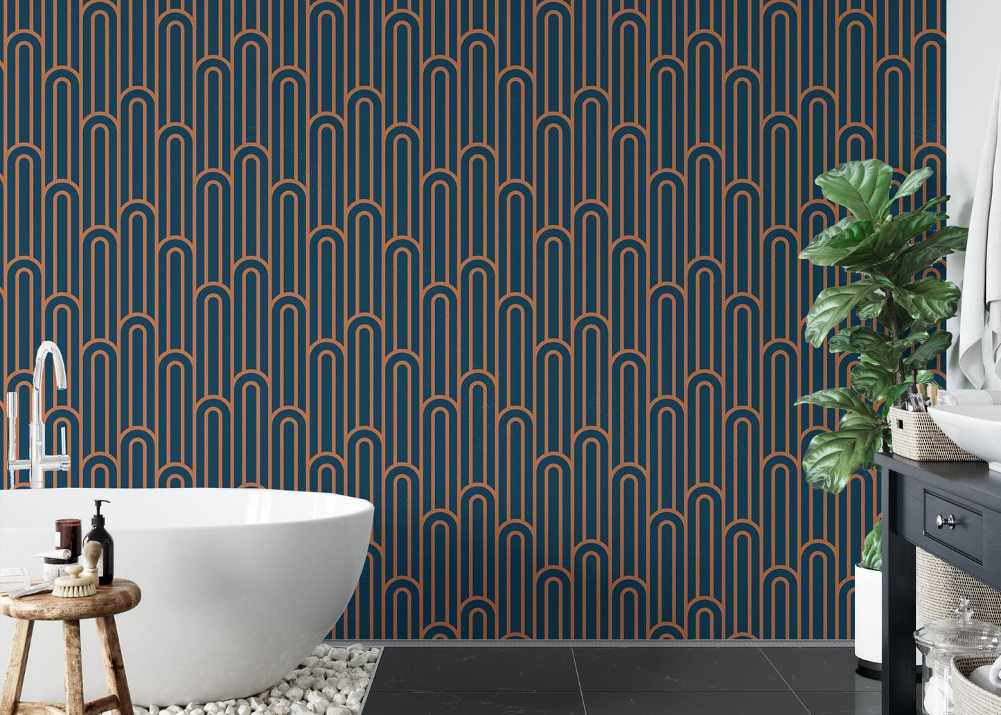 Geometric arch wallpaper in a modern bathroom with a white tub.
