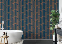 Geometric arch wallpaper in a modern bathroom with a white tub.