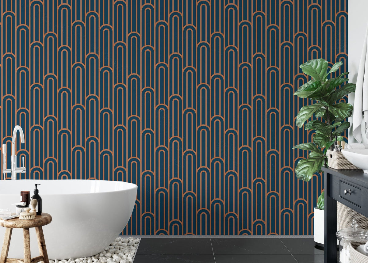 Geometric arch wallpaper in a modern bathroom with a white tub.