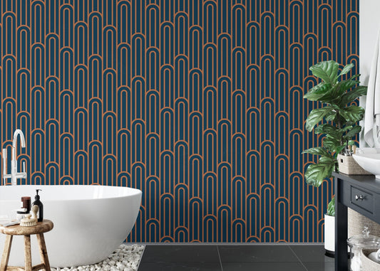 Geometric arch wallpaper in a modern bathroom with a white tub.