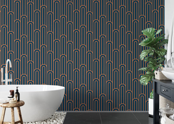 Geometric arch wallpaper in a modern bathroom with a white tub.