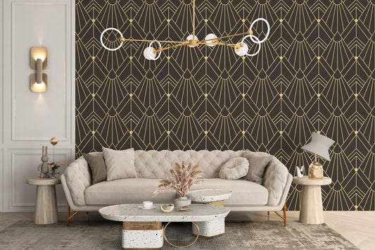 Living room with beige sofa and black gold abstract art decor wallpaper.
