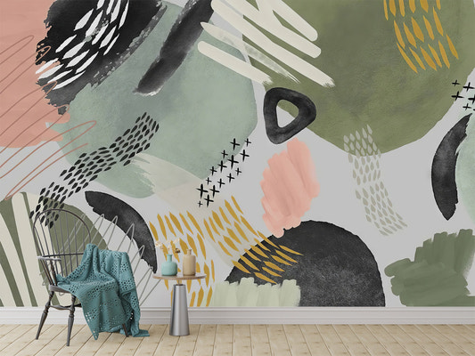 Abstract artistic pattern wall mural with green and black brush strokes.