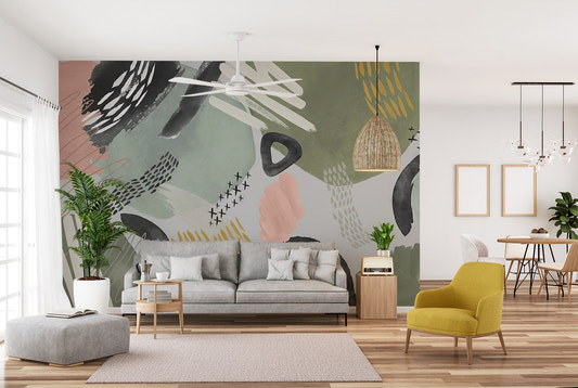 Modern abstract wallpaper with sage color and mustard accents.
