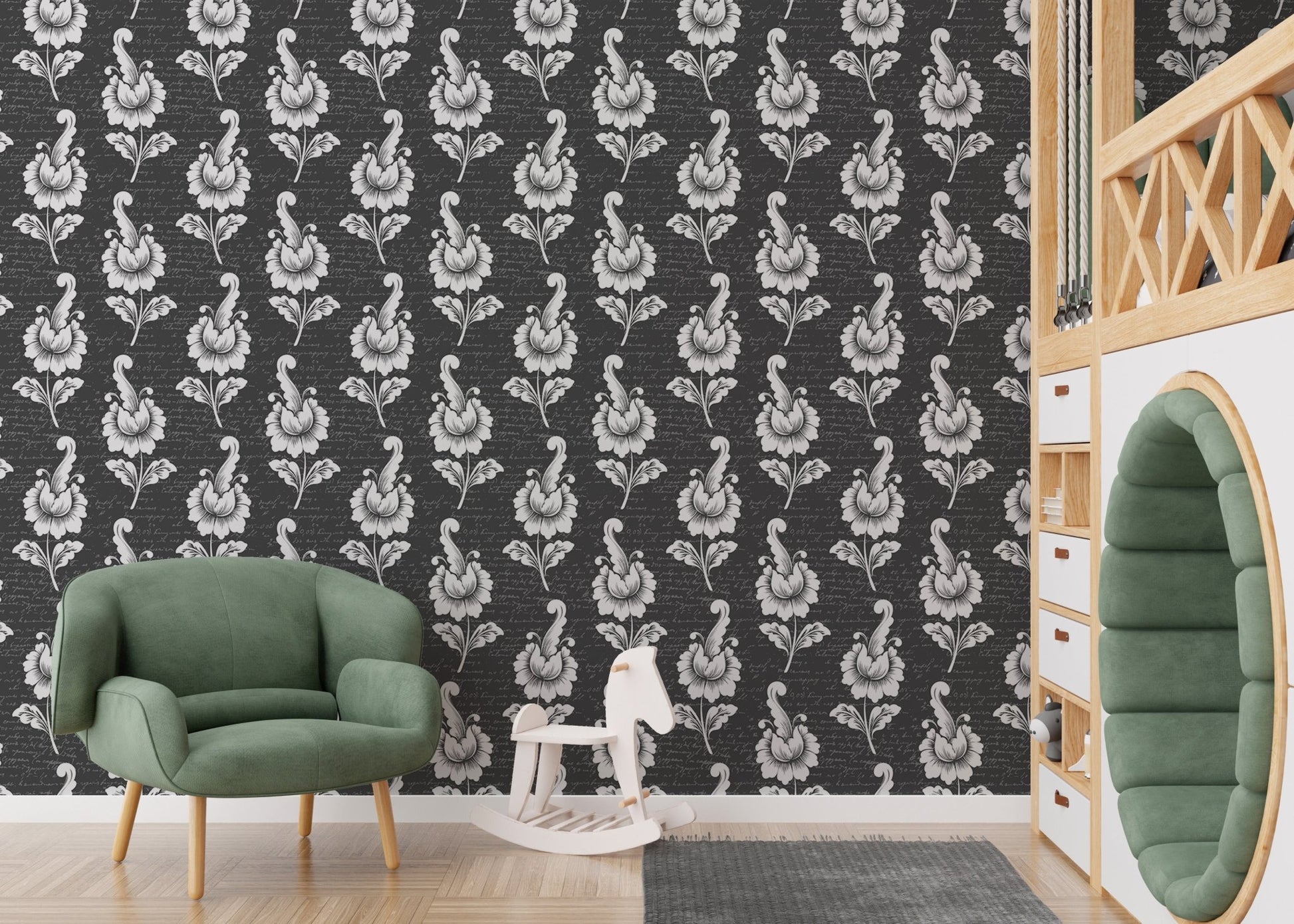 Leaf pattern wallpaper in a play area with a green chair and toy horse.