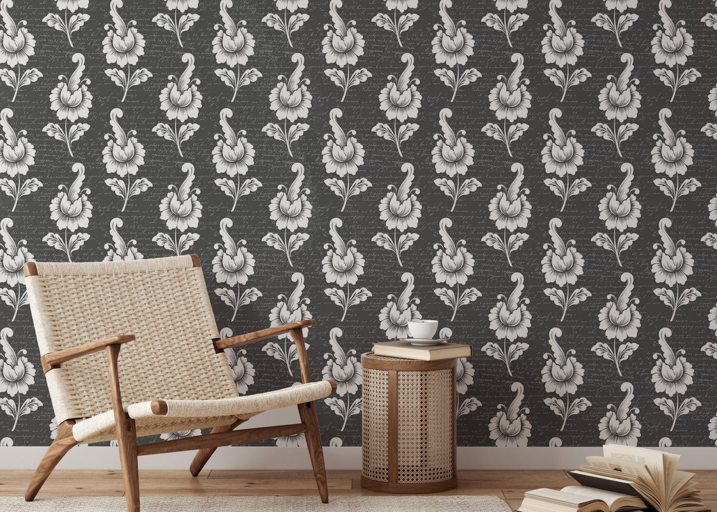 Autumn leaf wallpaper in a reading area with a wooden armchair.