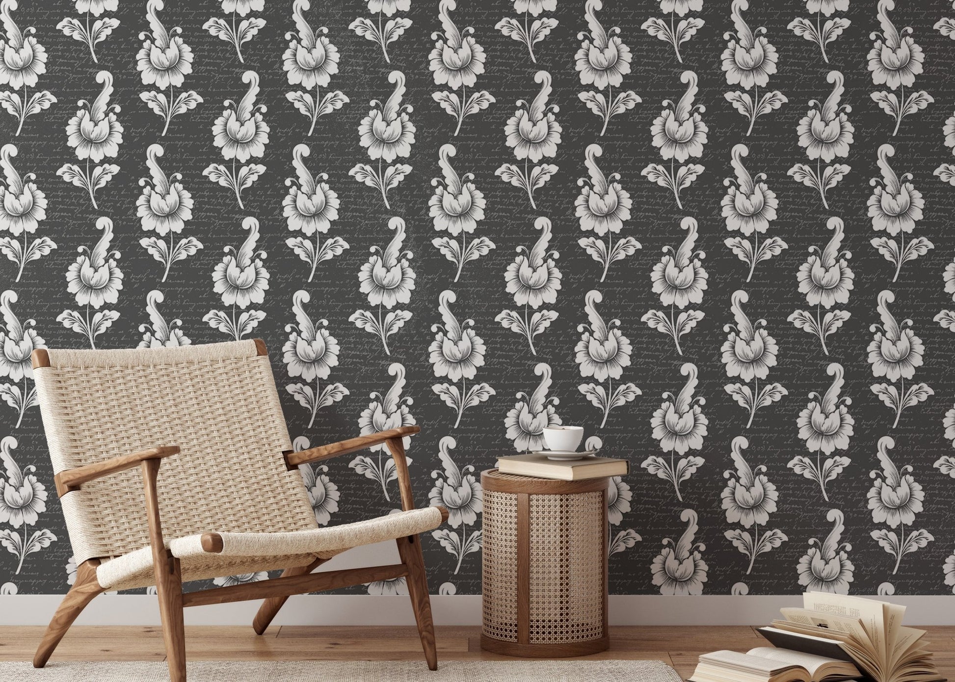 Autumn leaf wallpaper in a reading area with a wooden armchair.