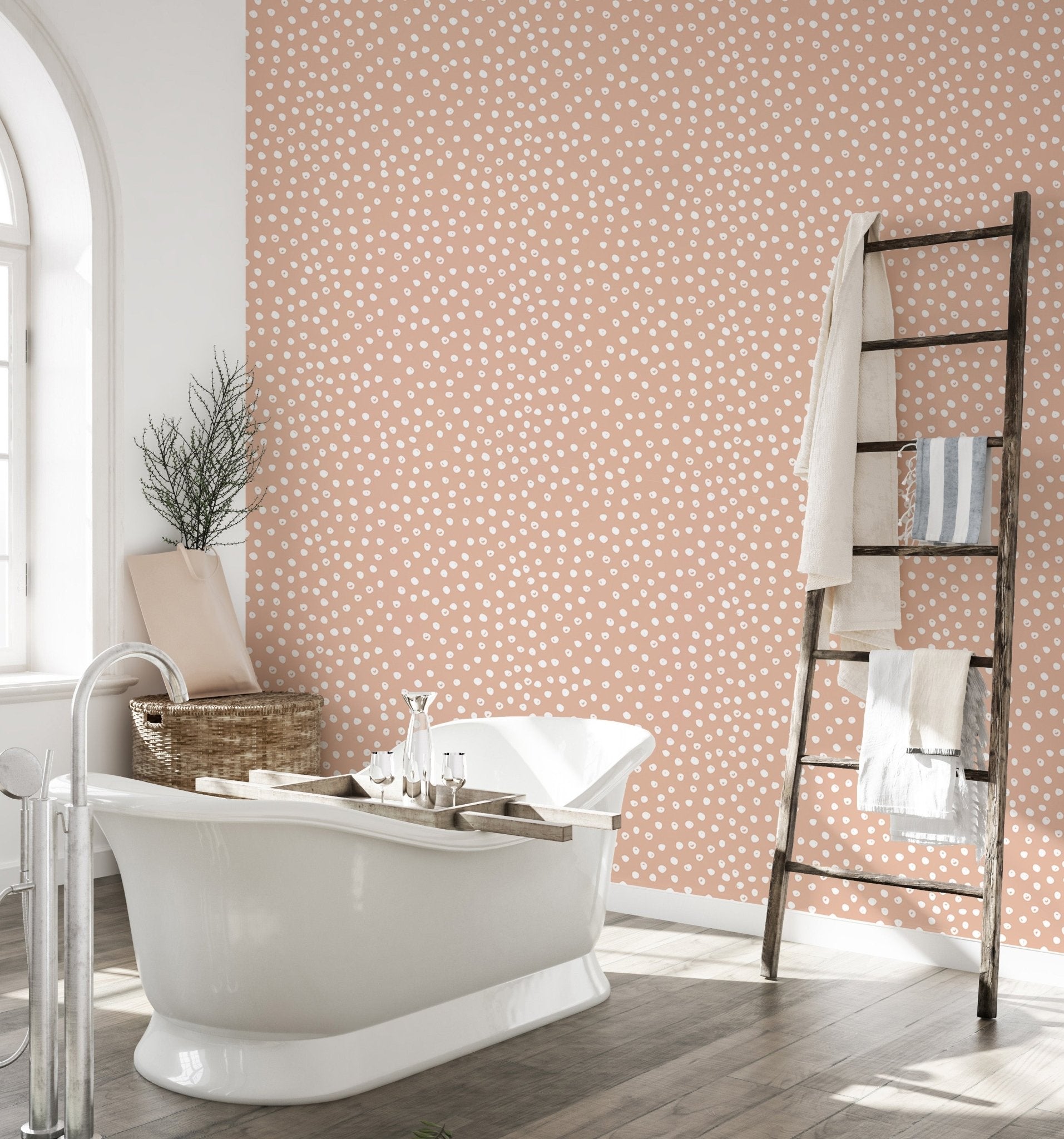 Abstract polka dot wallpaper in beige and white tone in bathroom.
