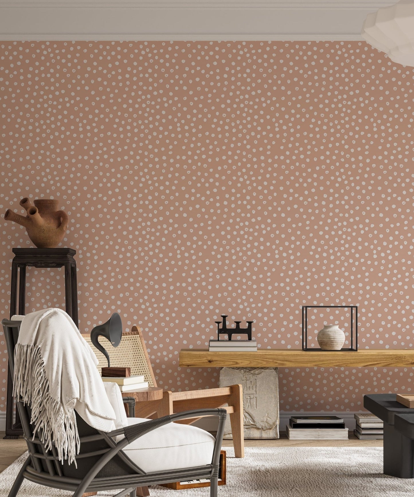 Home office desk and chair set against beige brush dots wallpaper.