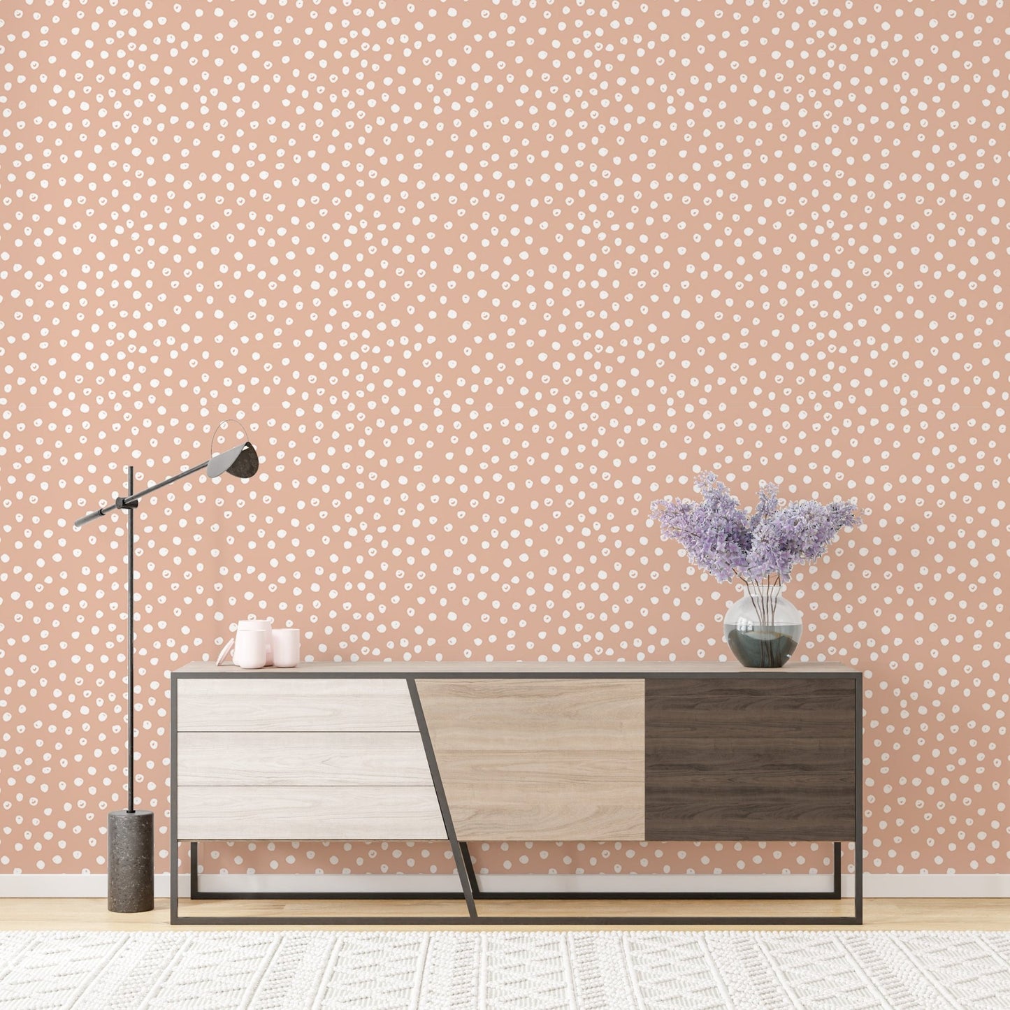 Minimalist abstract polka dot wallpaper design in hallway.
