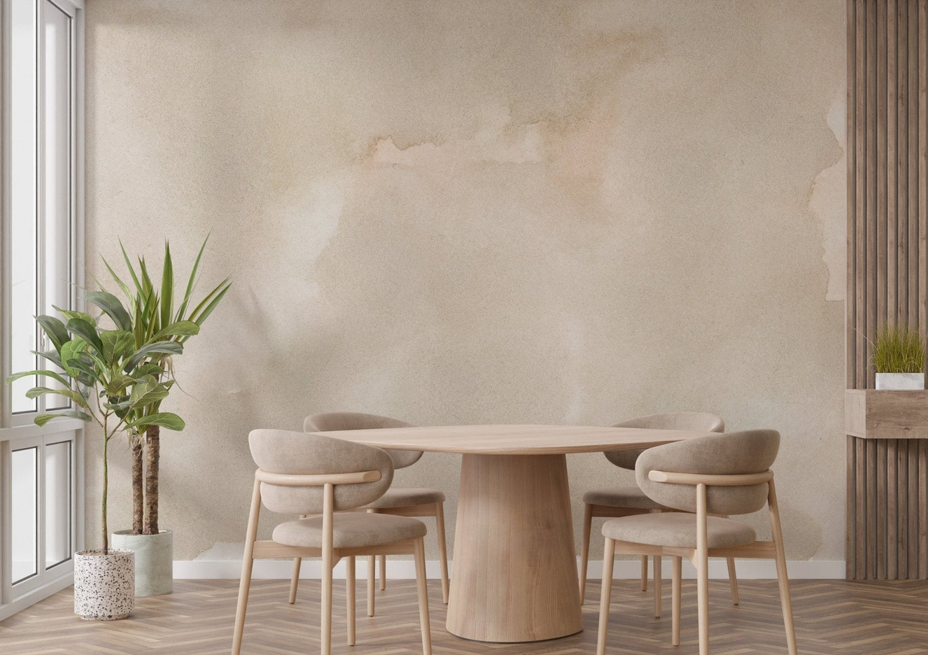 Abstract beige ink wallpaper mural with soft neutral wash texture