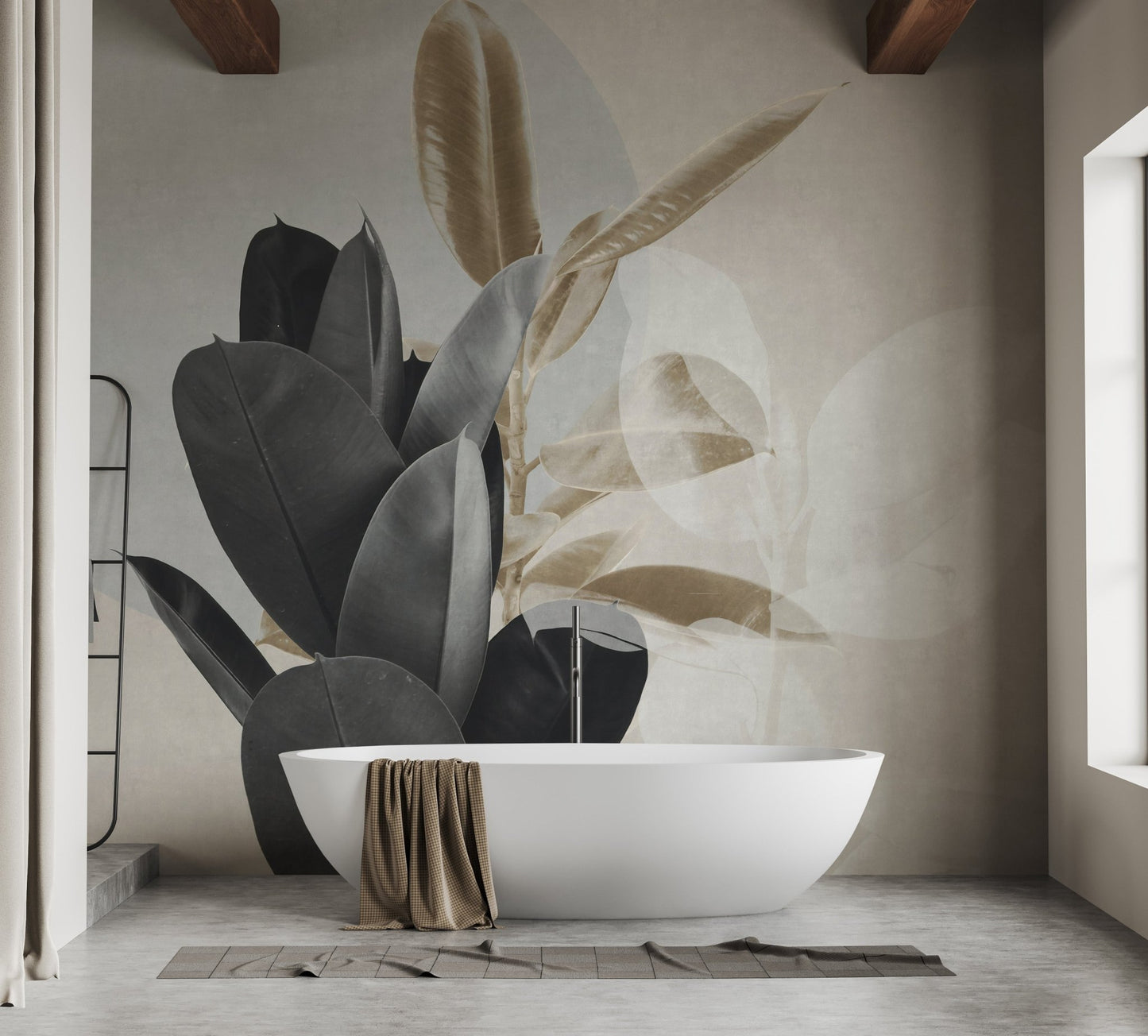 Modern bathroom with a freestanding tub and large leaves silhouette wall mural.