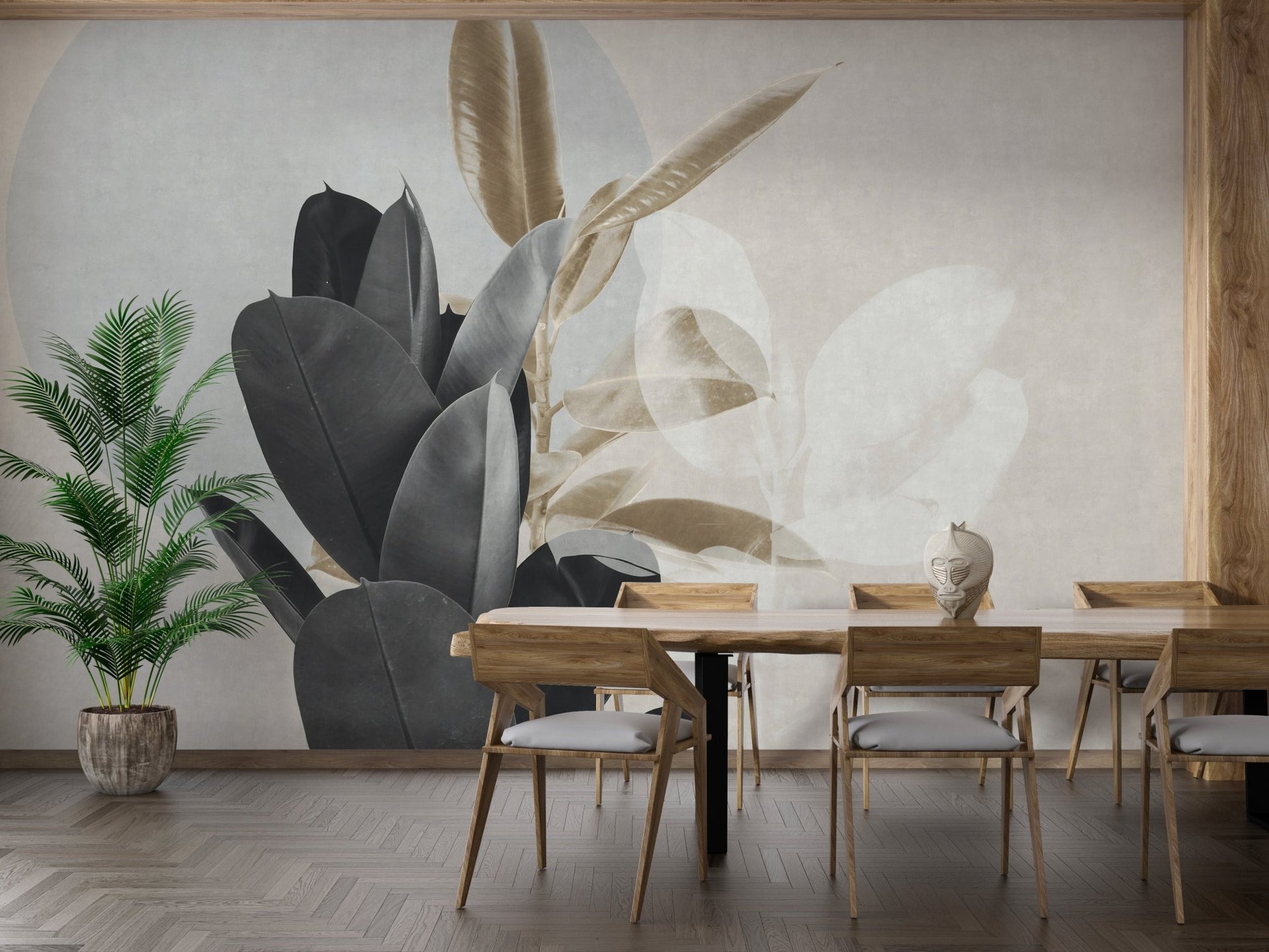 Dining area with wooden furniture and large-scale botanical leaves wall mural.