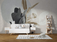 Minimalist playroom with white furniture and beige floral patterned wall mural.